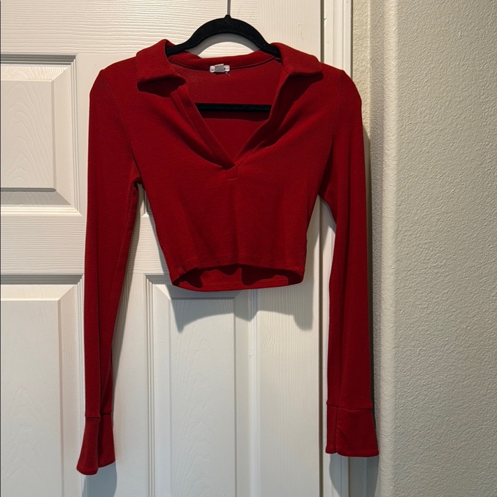 Elegant Red Long Sleeve v-neck Cropped Women's Top
